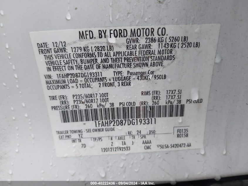 1FAHP2D87DG193311 2013 Ford Taurus Se