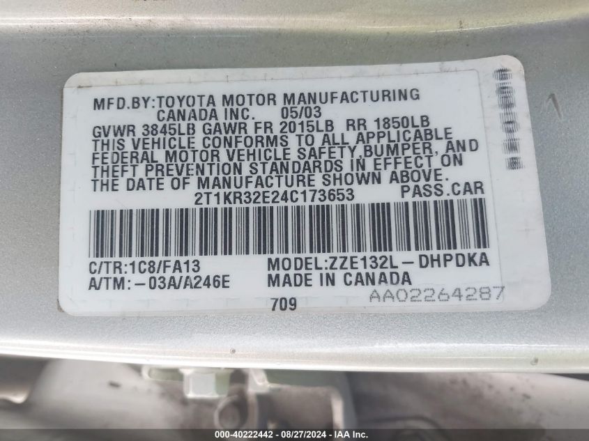 2004 Toyota Matrix Standard VIN: 2T1KR32E24C173653 Lot: 40222442