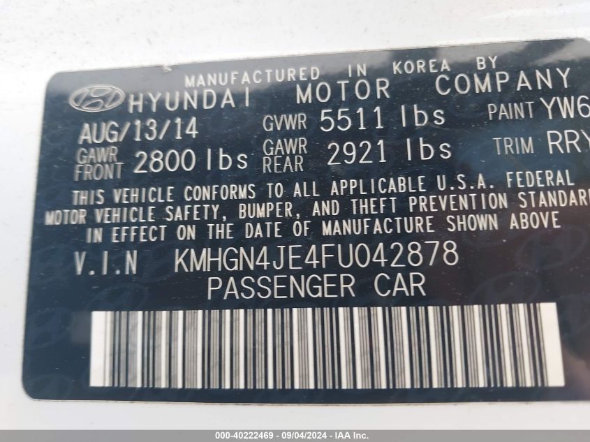 KMHGN4JE4FU042878 2015 Hyundai Genesis 3.8