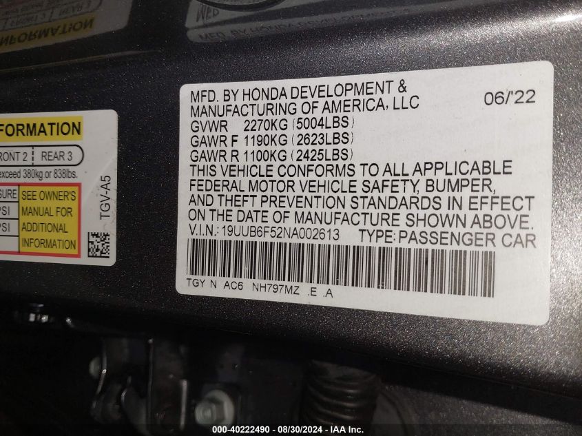 19UUB6F52NA002613 2022 Acura Tlx A-Spec Package