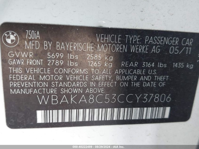 WBAKA8C53CCY37806 2012 BMW 750I