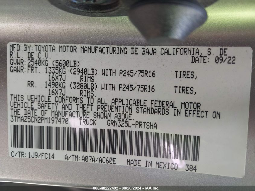 2023 Toyota Tacoma Sr5 V6 VIN: 3TMAZ5CN2PM197470 Lot: 40222492