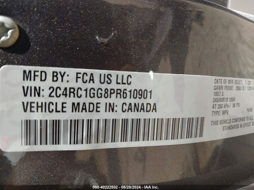 2023 Chrysler Pacifica Limited VIN: 2C4RC1GG8PR610901 Lot: 40222502