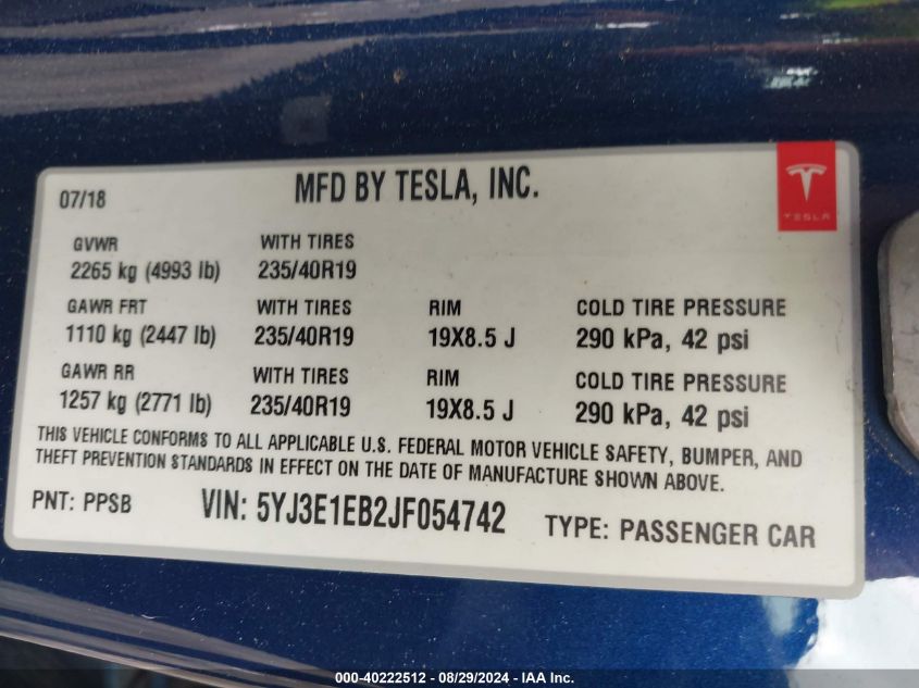 2018 Tesla Model 3 Long Range/Performance VIN: 5YJ3E1EB2JF054742 Lot: 40222512