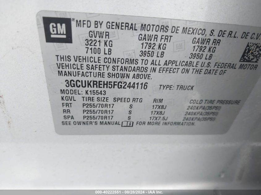 2015 Chevrolet Silverado K1500 Lt VIN: 3GCUKREH5FG244116 Lot: 40222551