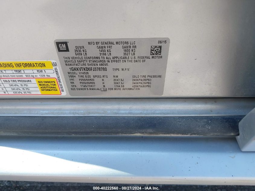 2015 GMC Acadia Denali VIN: 1GKKVTKD6FJ378780 Lot: 40222560