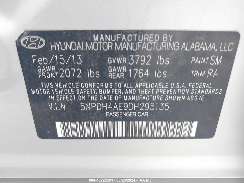 2013 Hyundai Elantra Gls VIN: 5NPDH4AE9DH295135 Lot: 40222591