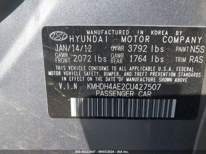 2012 Hyundai Elantra Limited (Ulsan Plant) VIN: KMHDH4AE2CU427507 Lot: 40222647