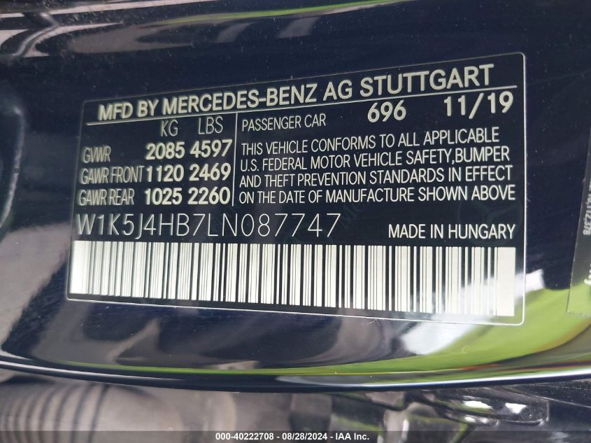 W1K5J4HB7LN087747 2020 Mercedes-Benz Cla 250 4Matic