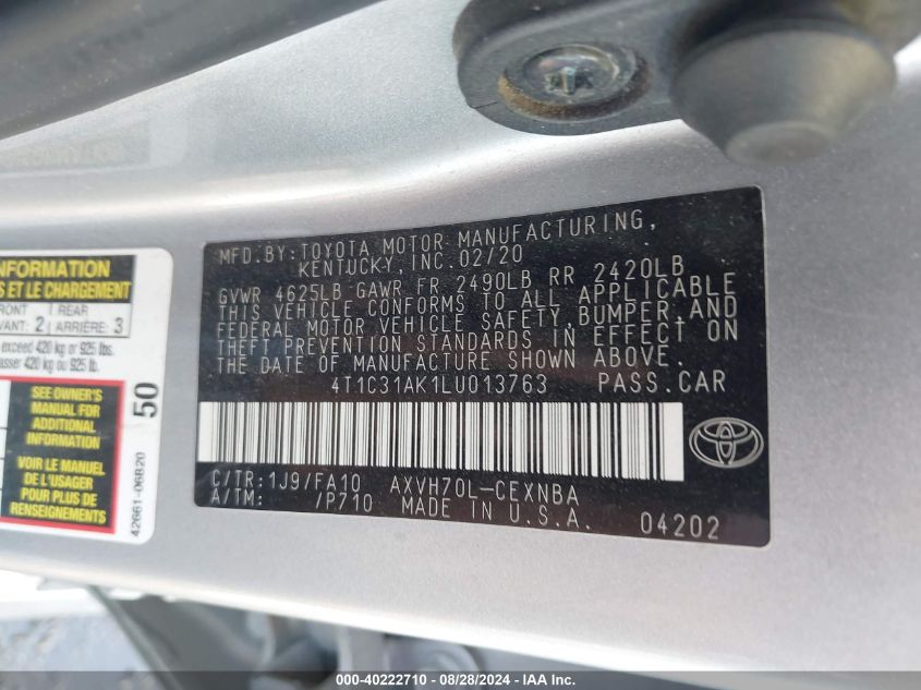 2020 Toyota Camry Le Hybrid VIN: 4T1C31AK1LU013763 Lot: 40222710