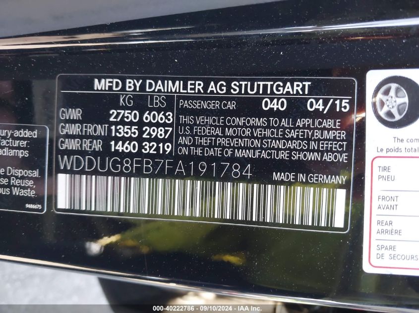 2015 Mercedes-Benz S 550 4Matic VIN: WDDUG8FB7FA191784 Lot: 40222786