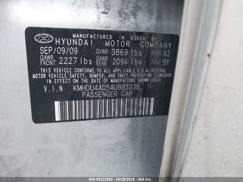 2010 Hyundai Elantra Gls VIN: KMHDU4AD5AU883338 Lot: 40222860