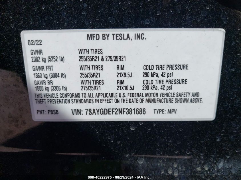 2022 Tesla Model Y Performance Dual Motor All-Wheel Drive VIN: 7SAYGDEF2NF381686 Lot: 40222975