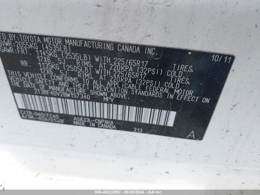 2011 Toyota Rav4 VIN: 2T3BF4DV2BW157340 Lot: 40222992