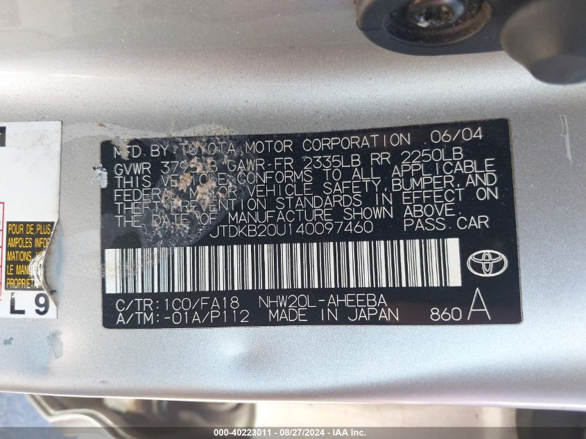 2004 Toyota Prius VIN: JTDKB20U140097460 Lot: 40223011