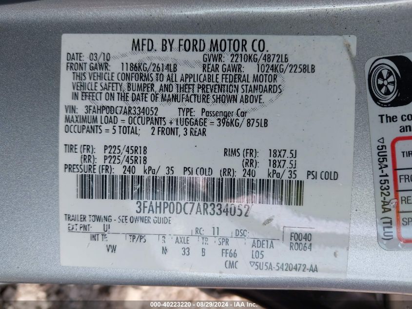 2010 Ford Fusion Sport VIN: 3FAHP0DC7AR334052 Lot: 40223220