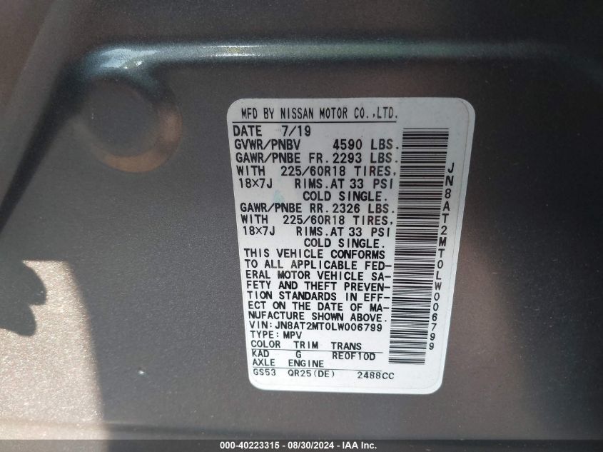 VIN JN8AT2MT0LW006799 2020 NISSAN ROGUE SV FWD