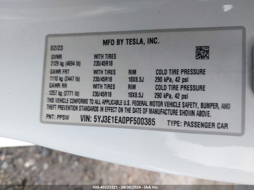 2023 Tesla Model 3 Rear-Wheel Drive VIN: 5YJ3E1EA0PF500385 Lot: 40223321