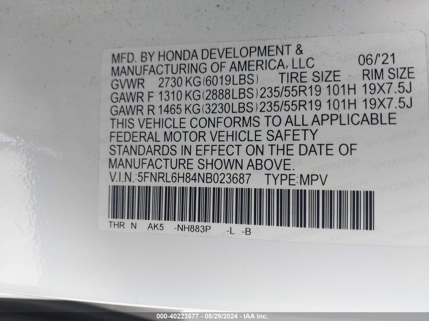 VIN 5FNRL6H84NB023687 2022 HONDA ODYSSEY TOURING