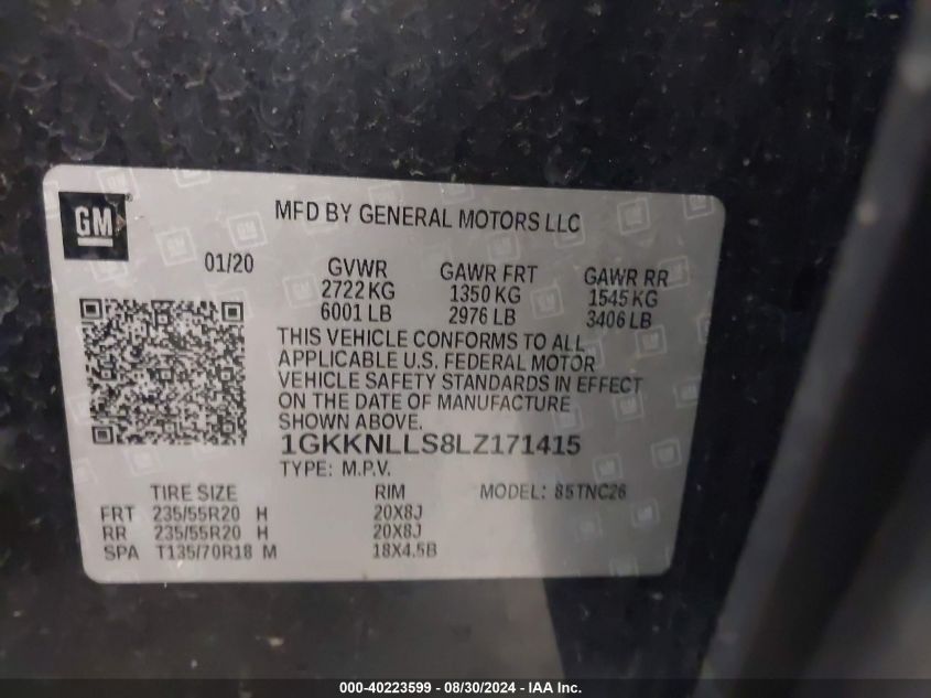 2020 GMC Acadia Awd At4 VIN: 1GKKNLLS8LZ171415 Lot: 40223599