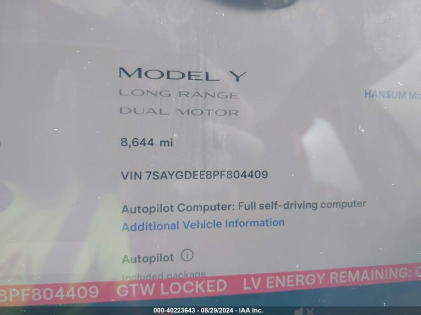 2023 Tesla Model Y Awd/Long Range Dual Motor All-Wheel Drive VIN: 7SAYGDEE8PF804409 Lot: 40223643