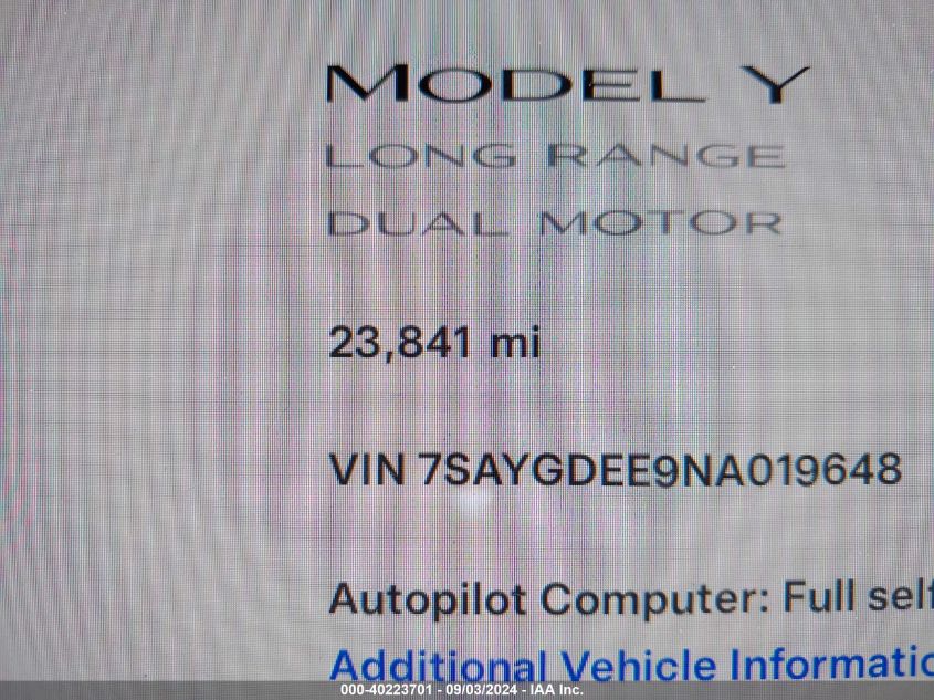 2022 Tesla Model Y Long Range Dual Motor All-Wheel Drive VIN: 7SAYGDEE9NA019648 Lot: 40223701