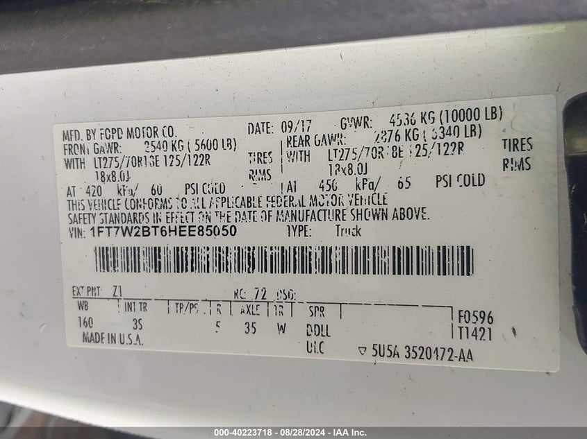 2017 Ford F-250 Xlt VIN: 1FT7W2BT6HEE85050 Lot: 40223718