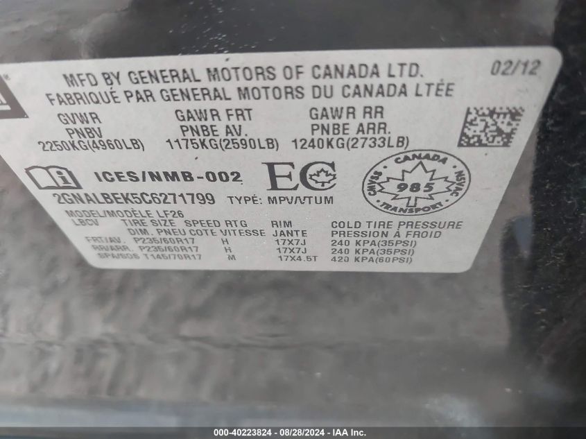 2012 Chevrolet Equinox Ls VIN: 2GNALBEK5C6271799 Lot: 40223824