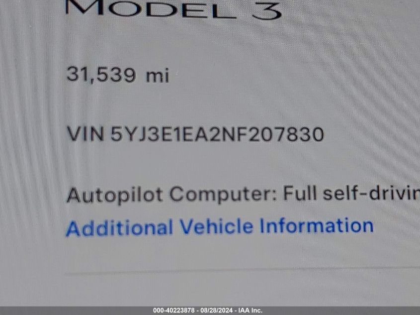 2022 Tesla Model 3 Rear-Wheel Drive VIN: 5YJ3E1EA2NF207830 Lot: 40223878