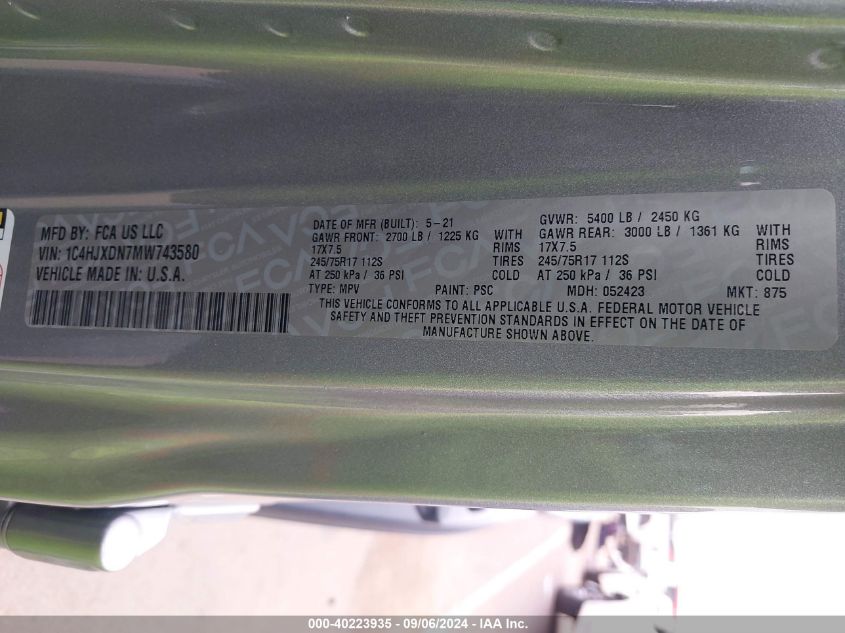 1C4HJXDN7MW743580 2021 Jeep Wrangler Unlimited Sport S 4X4