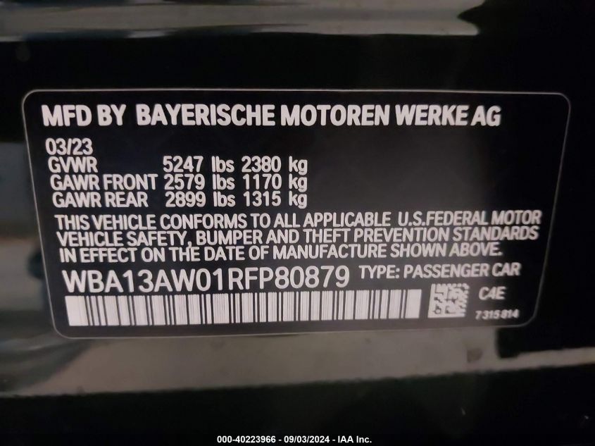 2024 BMW M440I Gran Coupe xDrive VIN: WBA13AW01RFP80879 Lot: 40223966