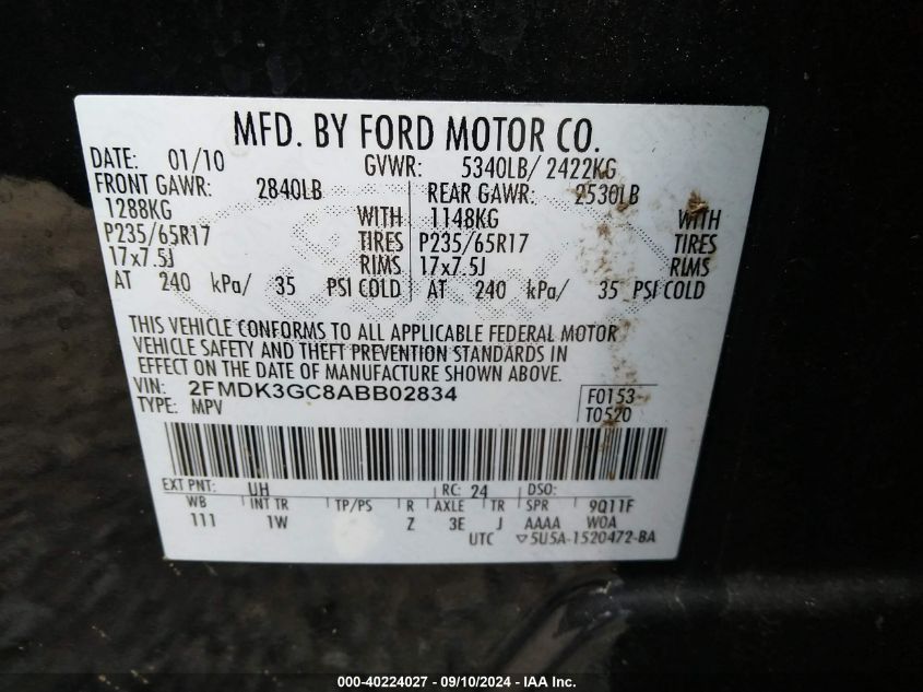 2010 Ford Edge Se VIN: 2FMDK3GC8ABB02834 Lot: 40224027