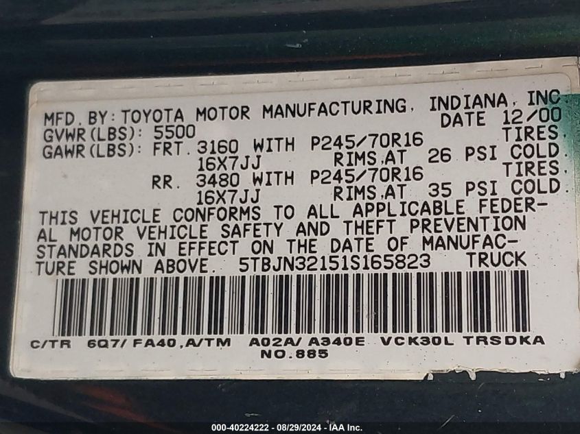 2001 Toyota Tundra VIN: 5TBJN32151S165823 Lot: 40224222