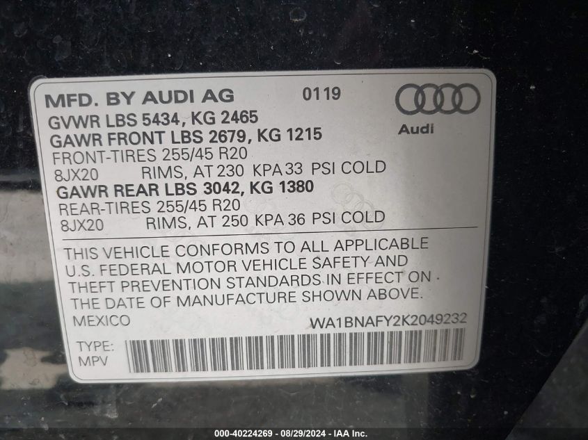 2019 Audi Q5 45 Premium VIN: WA1BNAFY2K2049232 Lot: 40224269