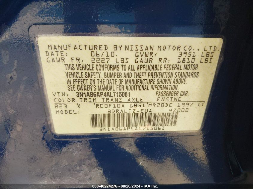 2010 Nissan Sentra 2.0S VIN: 3N1AB6AP4AL715061 Lot: 40224276