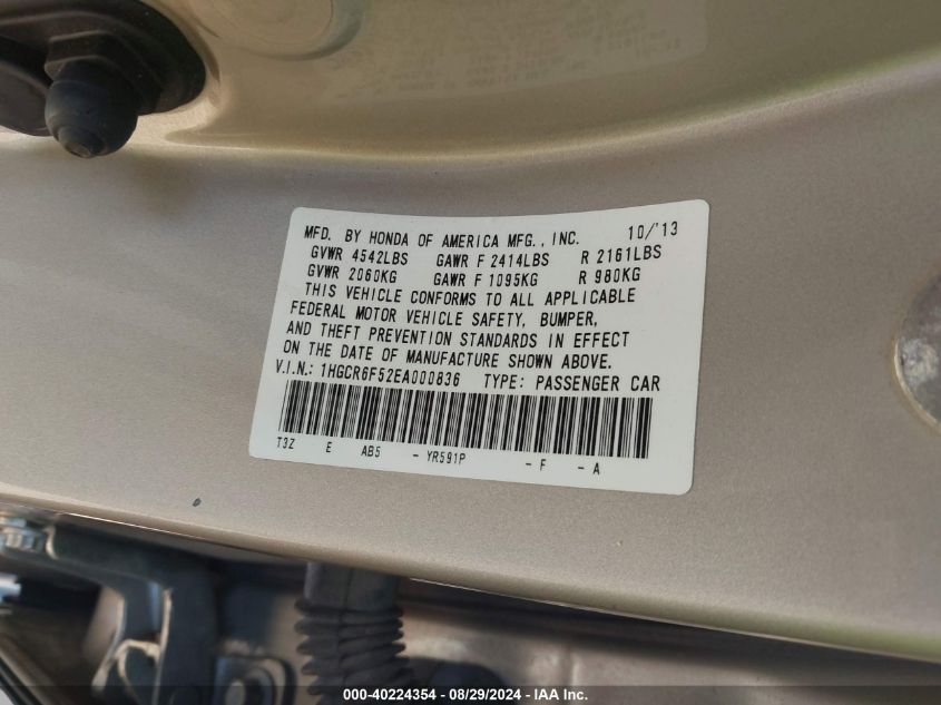 1HGCR6F52EA000836 2014 Honda Accord Hybrid Ex-L