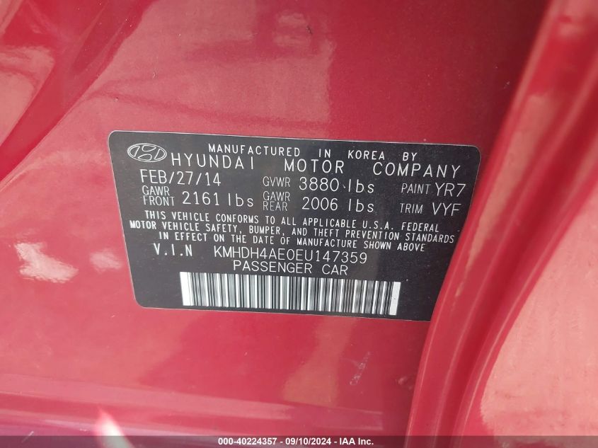 KMHDH4AE0EU147359 2014 Hyundai Elantra Se