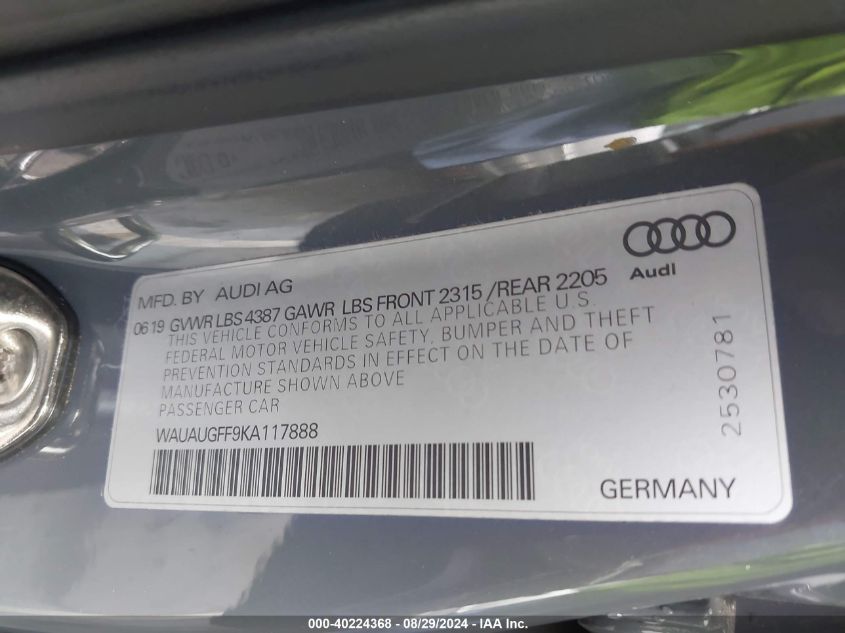 2019 Audi A3 40 Titanium Premium VIN: WAUAUGFF9KA117888 Lot: 40224368