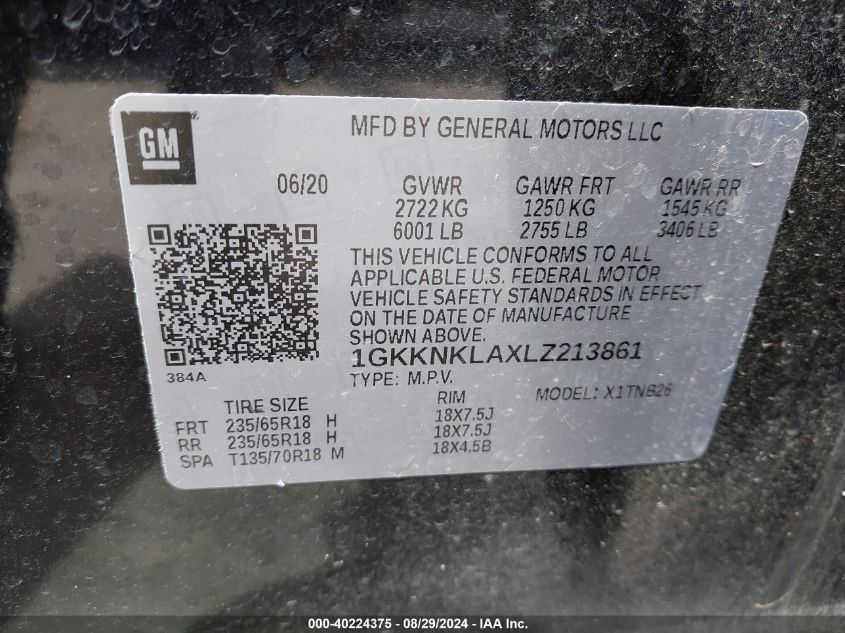 1GKKNKLAXLZ213861 2020 GMC Acadia Fwd Sle