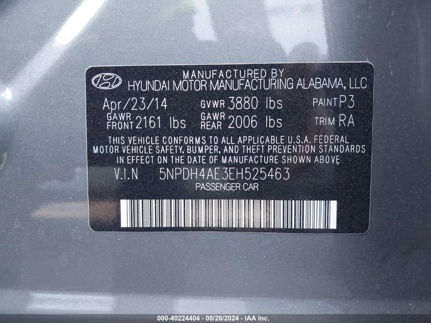 2014 Hyundai Elantra Limited VIN: 5NPDH4AE3EH525463 Lot: 40224404