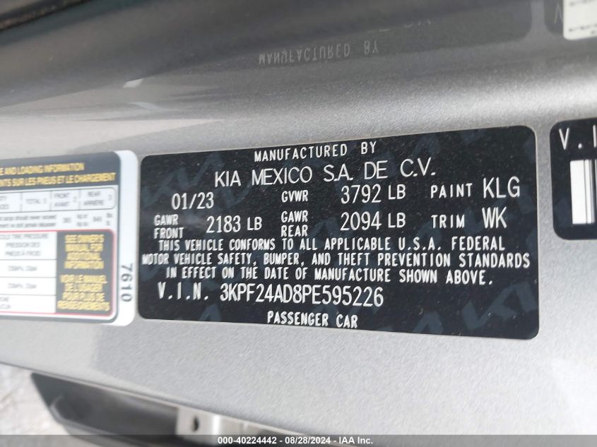 2023 Kia Forte Lxs VIN: 3KPF24AD8PE595226 Lot: 40224442