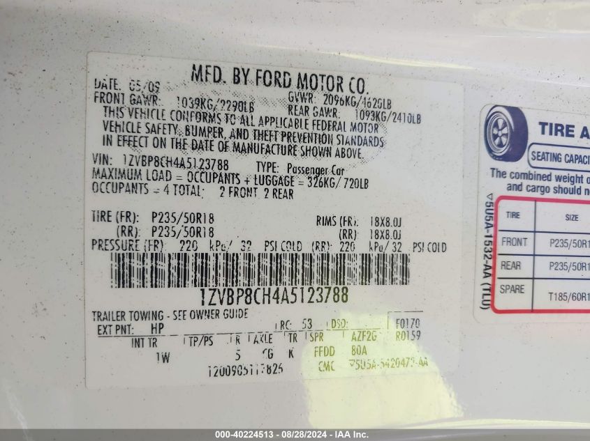 2010 Ford Mustang Gt/Gt Premium VIN: 1ZVBP8CH4A5123788 Lot: 40224513