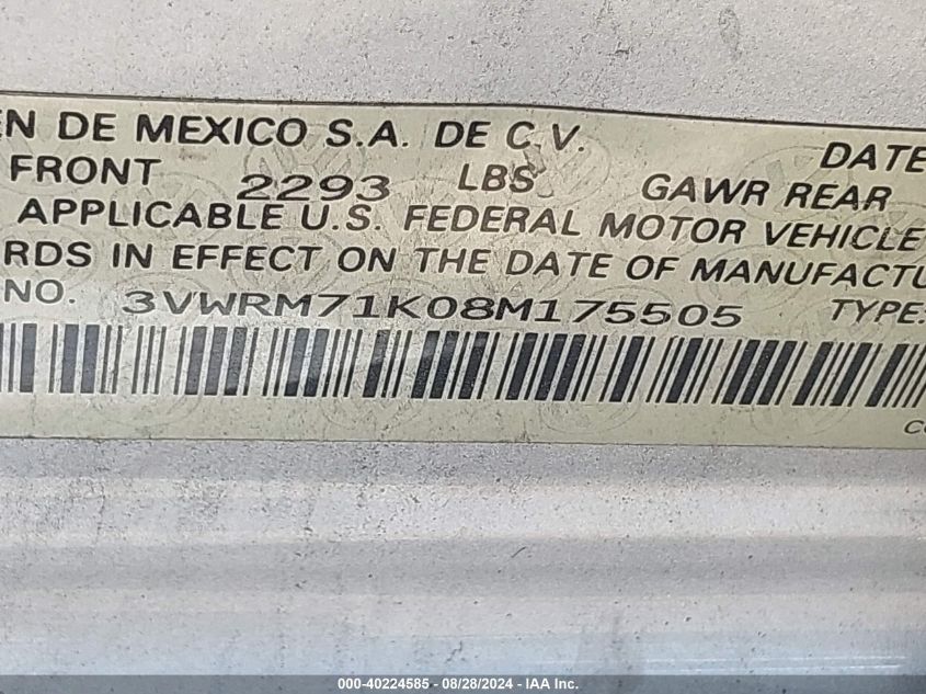 2008 Volkswagen Jetta Se/Sel VIN: 3VWRM71K08M175505 Lot: 40224585
