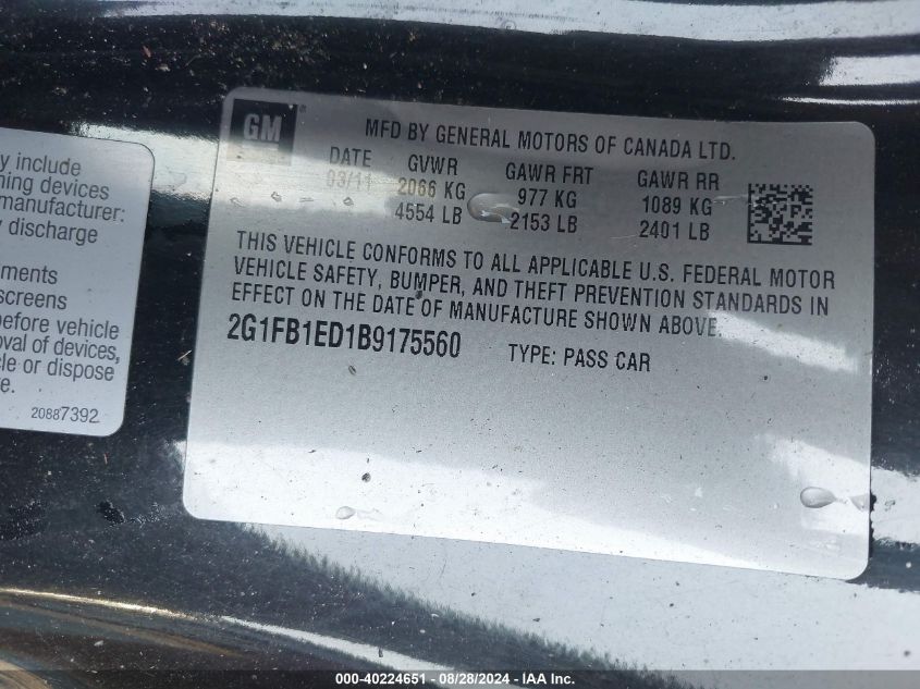 2011 Chevrolet Camaro Lt VIN: 2G1FB1ED1B9175560 Lot: 40224651