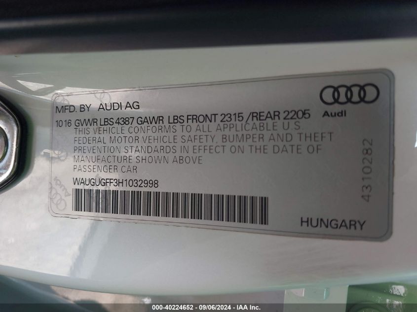 2017 Audi A3 2.0T Premium VIN: WAUGUGFF3H1032998 Lot: 40224652