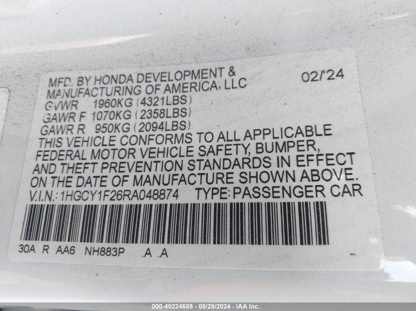 1HGCY1F26RA04887 2024 Honda Accord Lx