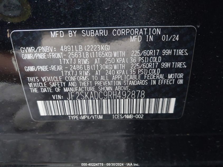 2024 Subaru Forester Premium VIN: JF2SKADC9RH492878 Lot: 40224775