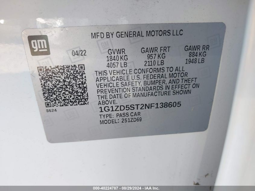 2022 CHEVROLET MALIBU FWD LT - 1G1ZD5ST2NF138605