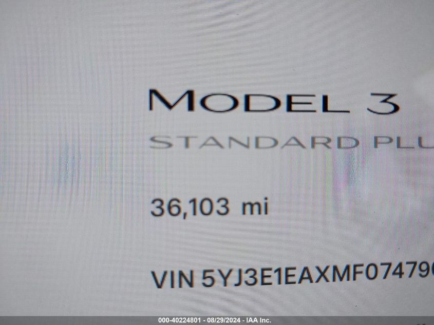 2021 Tesla Model 3 Standard Range Plus Rear-Wheel Drive VIN: 5YJ3E1EAXMF074796 Lot: 40224801