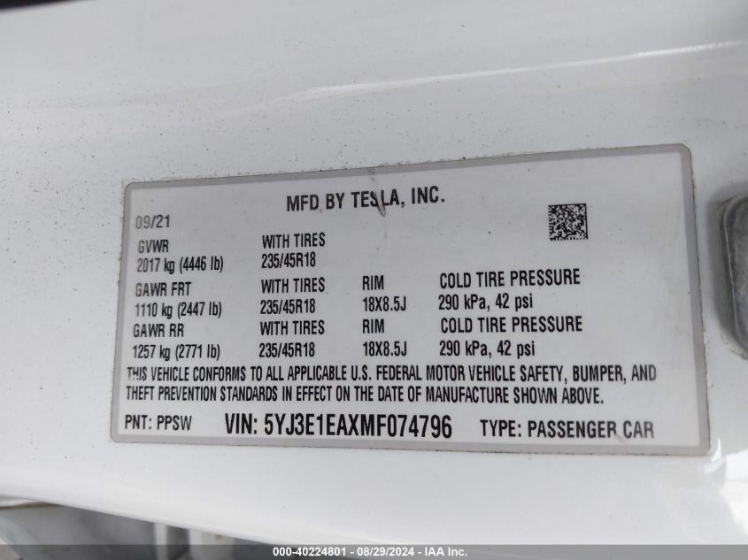 2021 Tesla Model 3 Standard Range Plus Rear-Wheel Drive VIN: 5YJ3E1EAXMF074796 Lot: 40224801